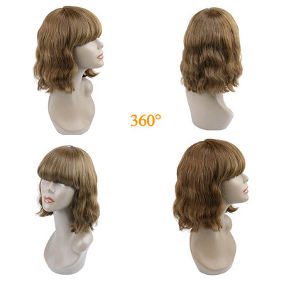14A Short Wavy Curly P4 Bob With Bangs Wigs Brazilian Straight Human Hair Brown Hair No Lace Full Machine Made Supernova Hair ｜QT Hair