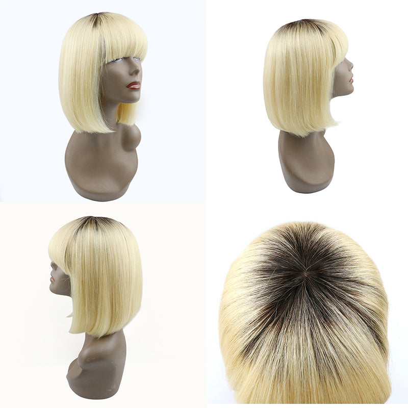 Blonde Short Bob Wig With Bangs For Black Women Human Hair 100% Brazilian Virgin Hair Straight Hair Machine Made Bob Wig 613 Color Wigs ｜QT Hair