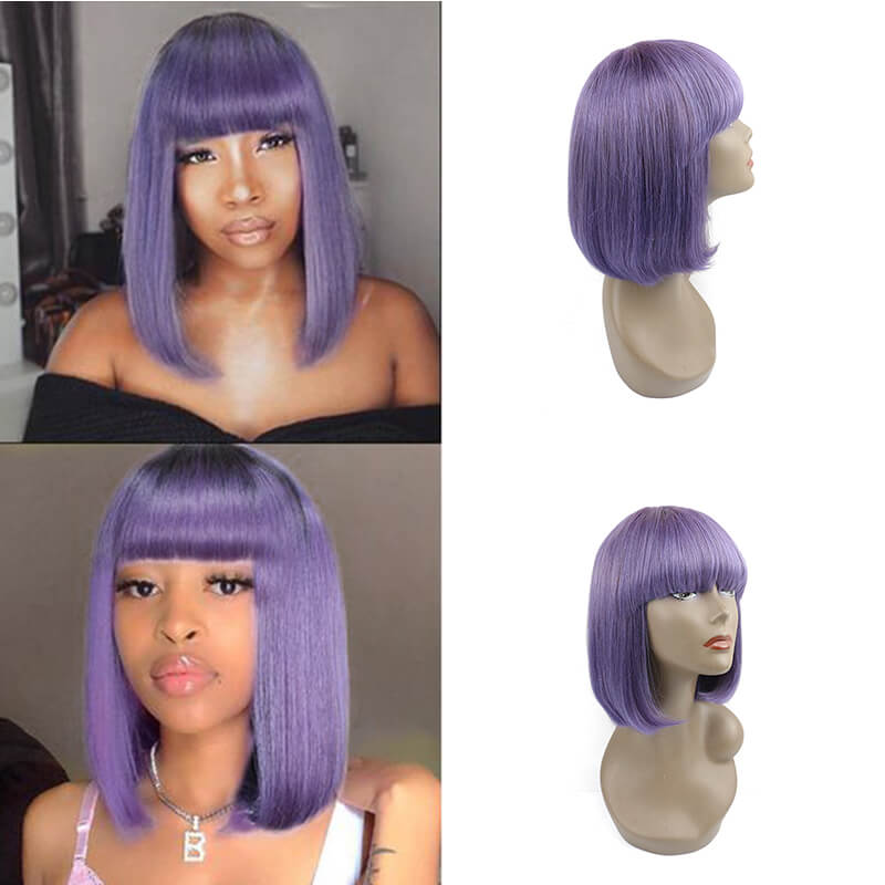 14A Light Purple Bob Straight With Bangs Wig Human Hair Glueless Pre Plucked with Natural Hairline Lilac Virgin Human Hair Bob Wigs 150% Density Can be Colored ｜QT Hair