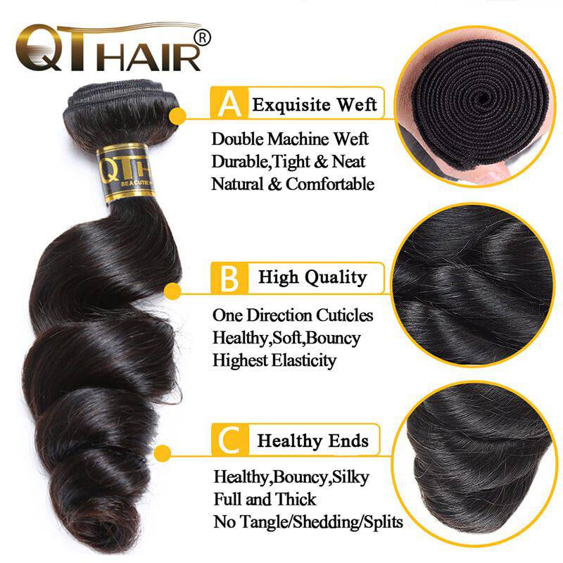 QTHAIR 12A Grade Brazilian Loose Wave Human Hair Bundles With Frontal or Closure Unprocessed Brazilian Virgin Hair Bundles with Lace Frontal Closure - QT Hair