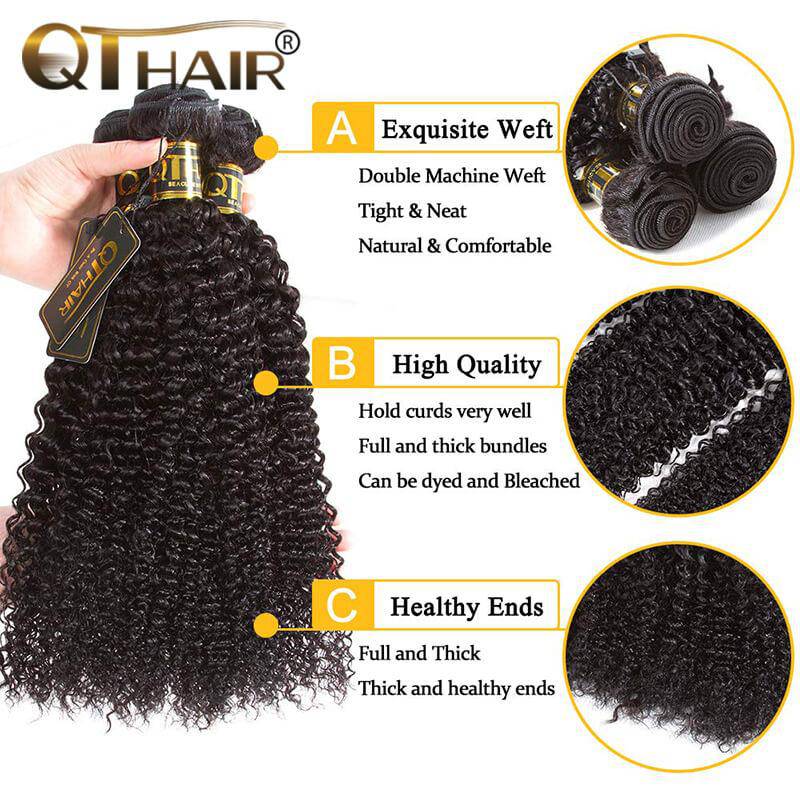 QTHAIR 12A Brazilian Kinky Curly Human Hair Bundles With Frontal Closure 100% Unprocessed Brazilian Virgin Curly Hair Weave - QT Hair