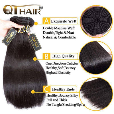 QTHAIR 12A Grade Brazilian Virgin Straight Human Hair Bundles with Lace Frontal Closure 100% Unprocessed Brazilian Virgin Hair for Black Women Hair - QT Hair