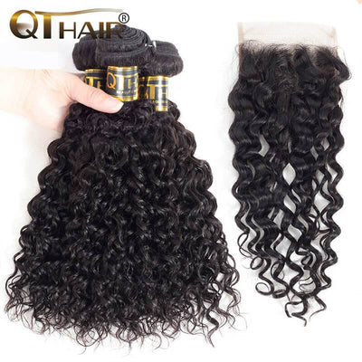 QTHAIR Water Wave Bundles With Frontal Closure Wet And Wavy 100% Unprocessed Brazilian Virgin Human Hair - QT Hair