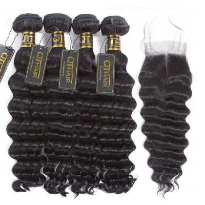 Indian Loose Deep Wave Human Hair 4 Bundles With 4x4 Lace Closure ｜QT Hair