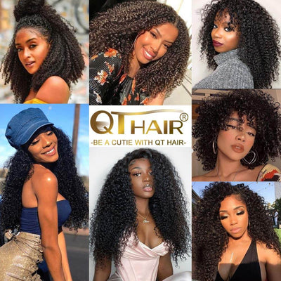 QT Hair 12A Kinky Curly Weave Human Hair Bundles with Frontal 100% Human Hair Bundles With Frontal Natural Color - QT Hair