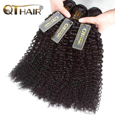 QT Hair 12A Kinky Curly Weave Human Hair Bundles with Frontal 100% Human Hair Bundles With Frontal Natural Color - QT Hair