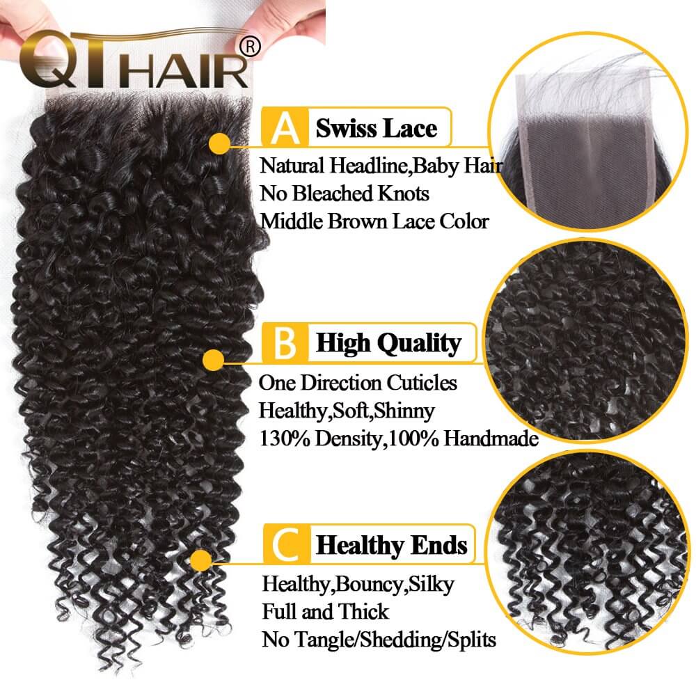 QT Hair Brazilian Curly Virgin Hair Weave 4 Bundles with 4X4 Lace Closure 12A Brazilian Kinky Curly Hair Weave Bundles Natural Color - QT Hair