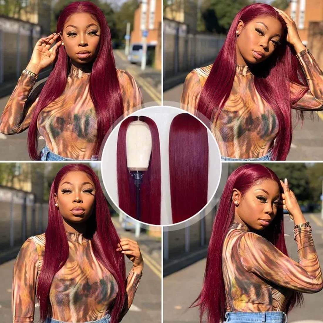 QT Hair 14A Burgundy Straight Lace Closure Human Hair Wigs for Black Women Brazilian Remy Hair Red Human Hair - QT Hair