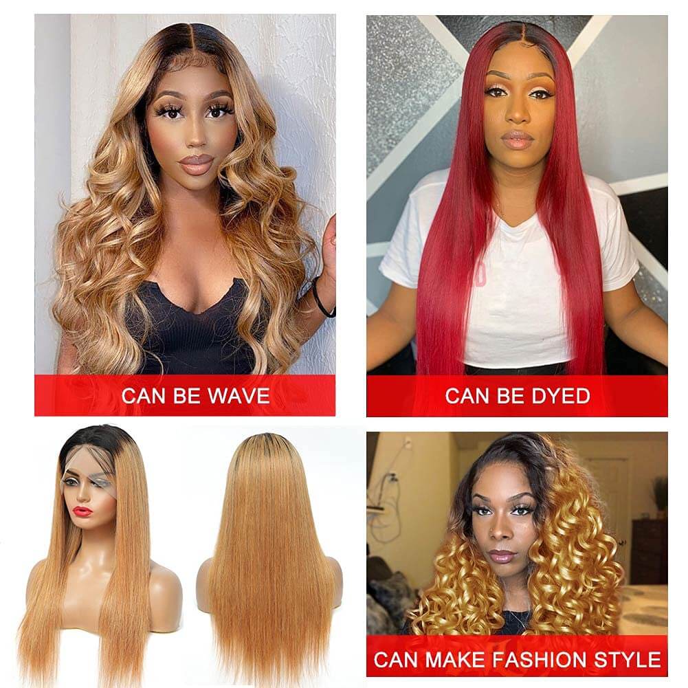 QT Hair Ombre Honey Blonde Human Hair Wigs Dark Roots 13x4 Deep Part Lace Frontal Glueless Lace Front Wigs - QT Hair