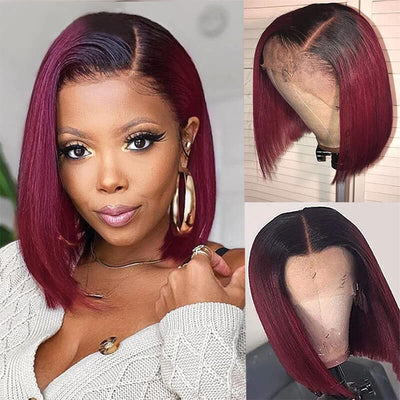 14A Stright 1B/99J Burgundy Short Bob Wig Ombre 13x4x1 T Part Lace Front Wig Human Hair For Black Women Human Hair With Baby Hair 150% Density Supernova Wig ｜QT Hair