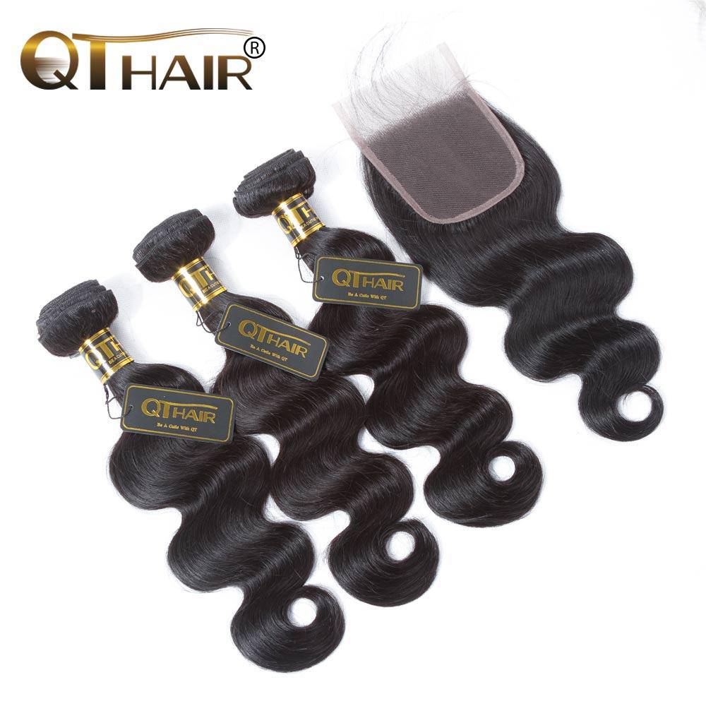 QT Peruvian Body Wave Human Hair 3 Bundles With 4*4 Lace Closure - QT Hair