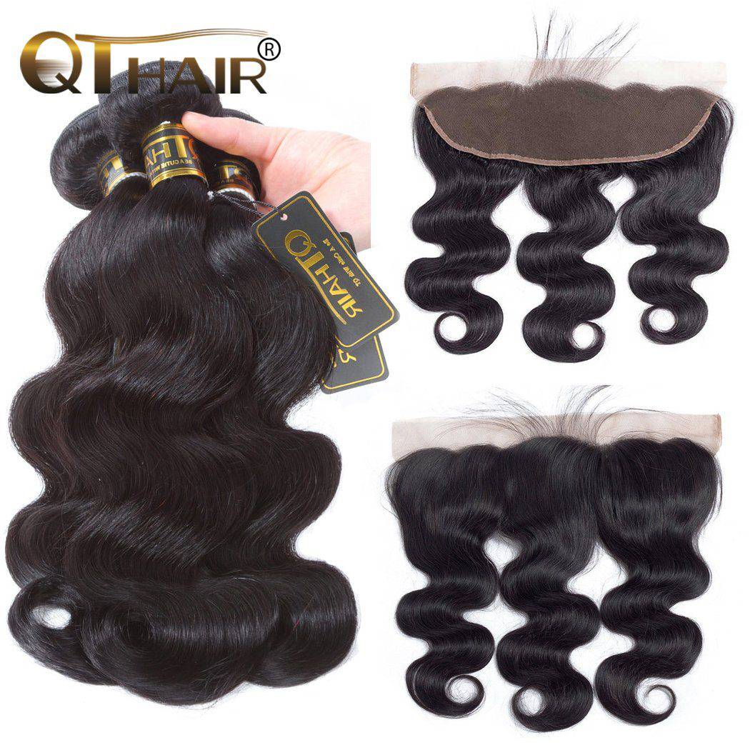 QT Indian Body Wave Hair 100% Human Hair 3 Bundles With Lace Frontal - QT Hair