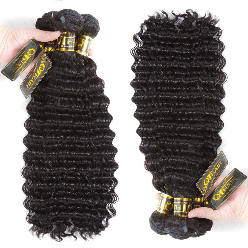 QT Hair Peruvian Deep Wave 100% Human Hair Weave 4 Bundles Natural Human Hair Thick Bundles Remy Hair - QT Hair