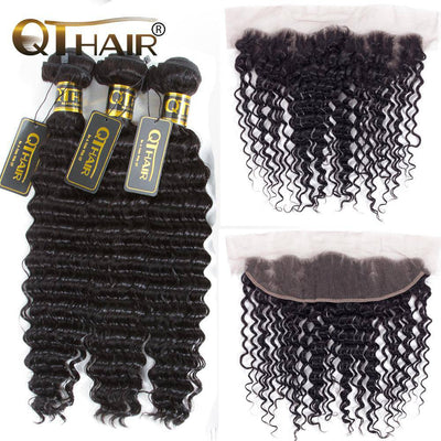 QT Indian Hair Deep Wave 100% Human Hair 3 Hair Bundles With Frontal - QT Hair