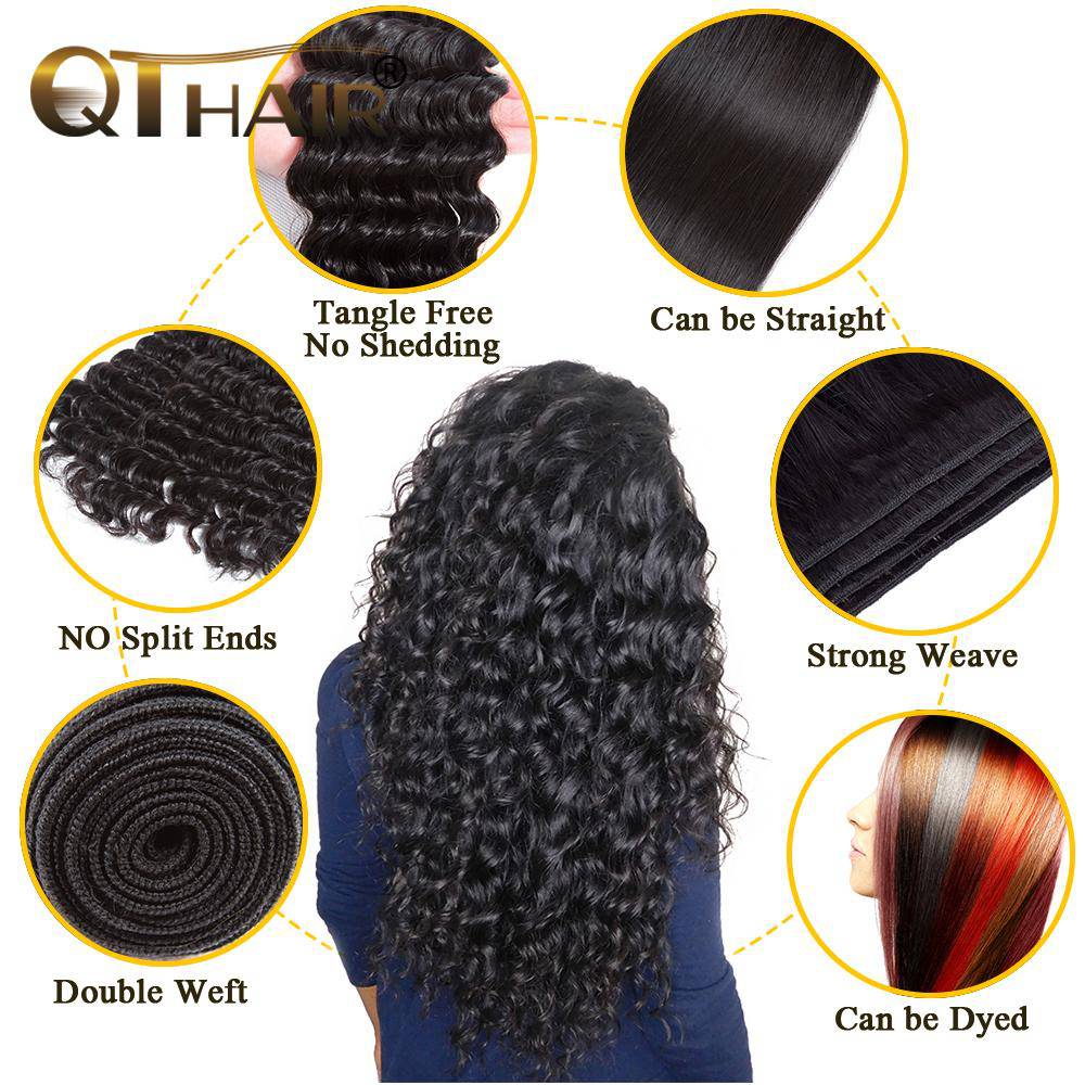QT Indian Hair Deep Wave 100% Human Hair 3 Hair Bundles With Frontal - QT Hair
