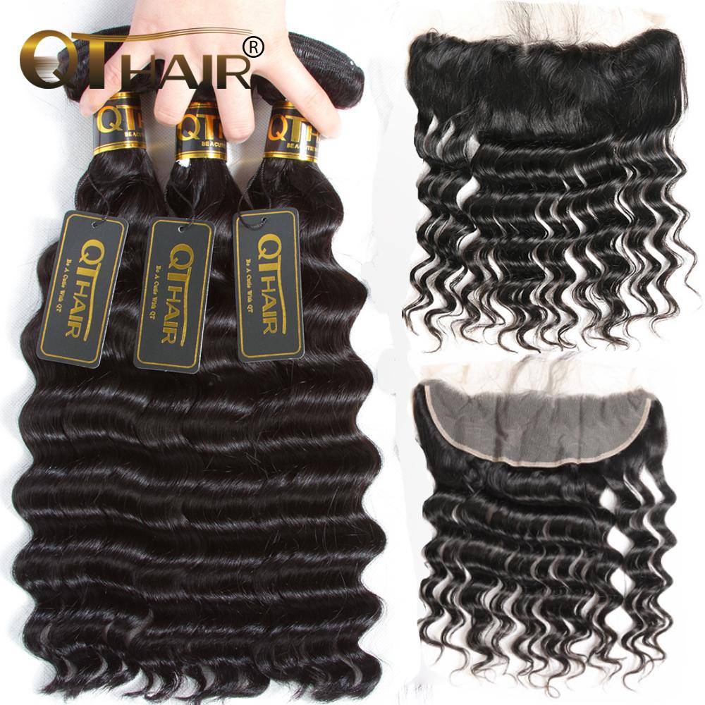 QT Malaysian Hair Loose Deep Wave Best Hair extensions 3 Bundles With Frontal - QT Hair