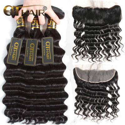 QT Malaysian Hair Loose Deep Wave Best Hair extensions 3 Bundles With Frontal - QT Hair