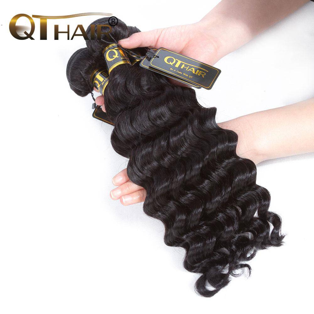 QT Peruvian Loose Deep Wave Human hair 3 Bundles With 13*4 Lace Frontal - QT Hair