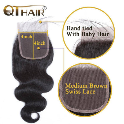 QT Indian Hair Body Wave 4 Bundles Human Hair Weave With Lace Closure - QT Hair