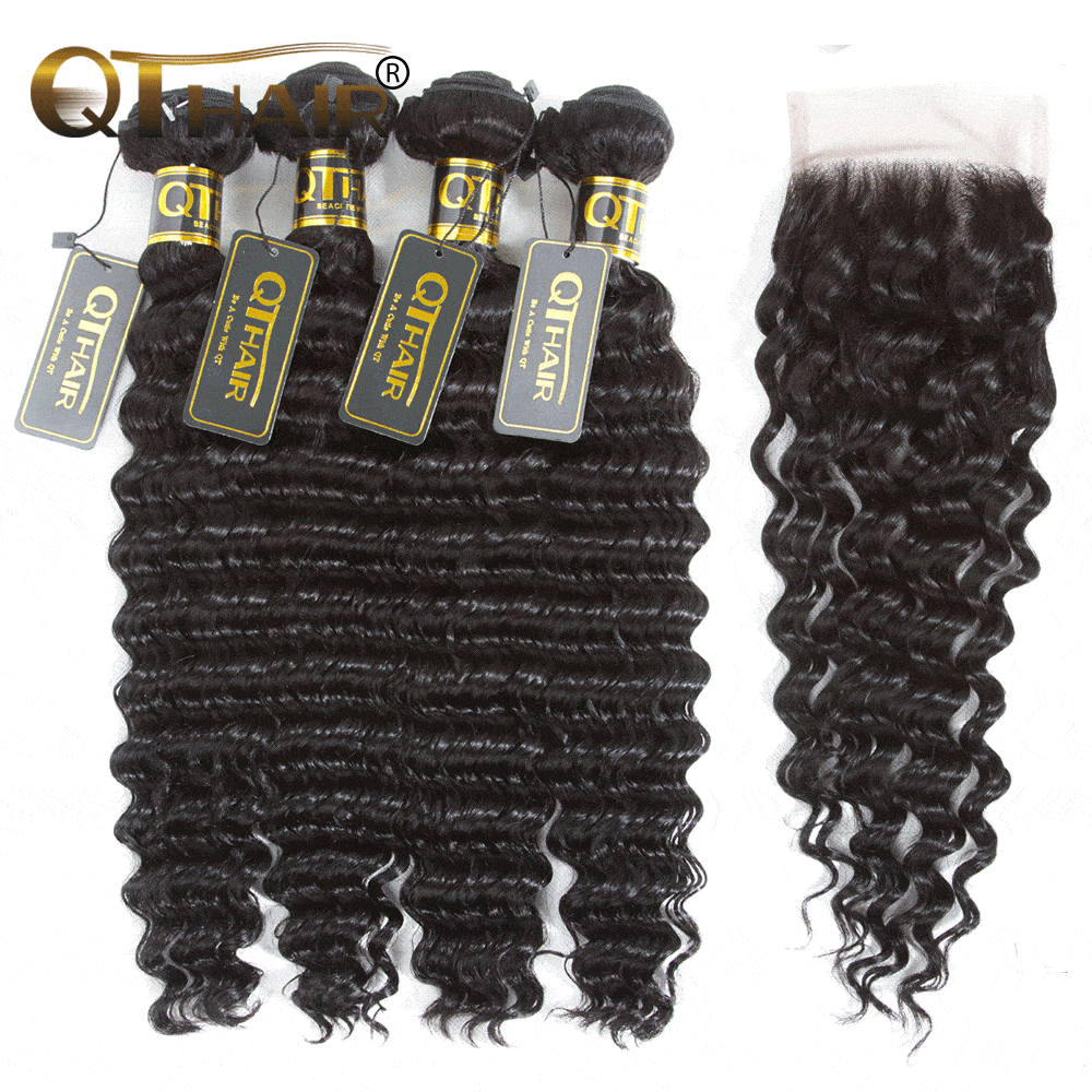 QT Indian Best 4 Bundles Deep Wave Virgin Hair With Lace Closure - QT Hair