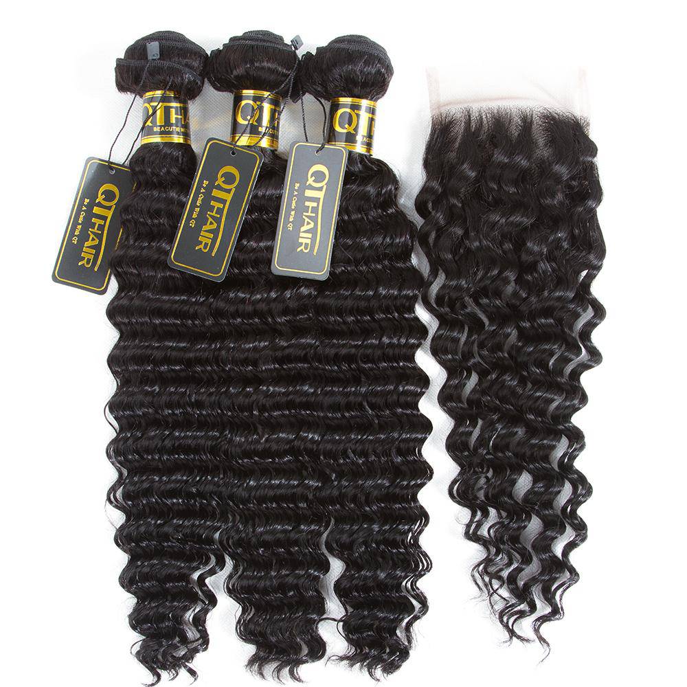 QT Indian Best 4 Bundles Deep Wave Virgin Hair With Lace Closure - QT Hair