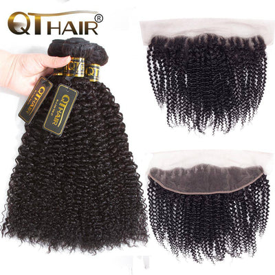 QTHAIR Brazilian Curly Hair Bundles with Frontal 100% Unprocessed Brazilian Virgin Hair with 13x4 Swiss Lace Frontal Curly Hair Weave - QT Hair