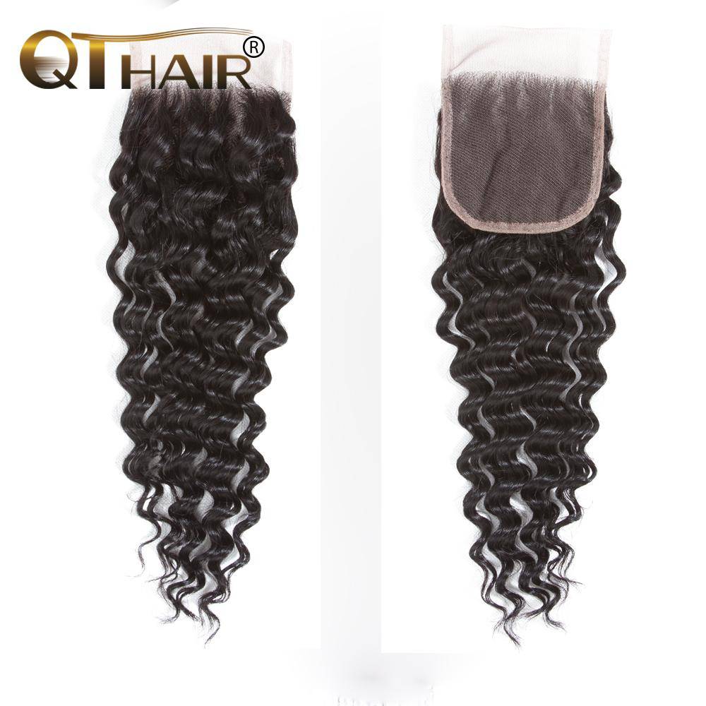 QT Hair Deep Wave Closure 4x4 Free 100% Unprocessed Virgin Brazilian Human Hair Deep Curly Swiss Lace Closure Natural Color - QT Hair