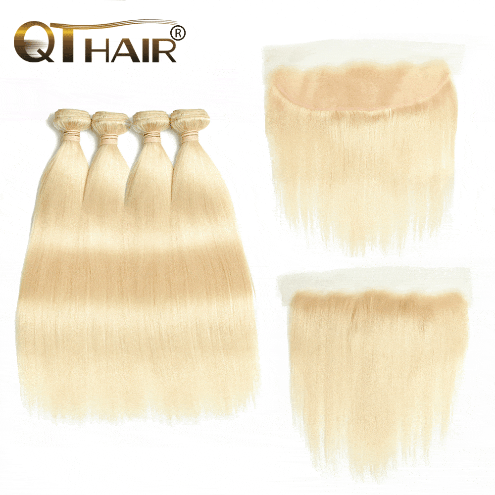 QTHAIR 12A #613 Blonde Brazilian Straight Hair Bundles With Frontal 613 Platinum Blonde Human Hair 4 Bundles With Lace Frontal Can Be Dyed - QT Hair