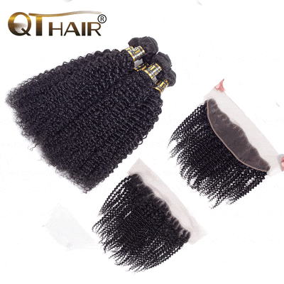 QT Hair 12A Kinky Curly Weave Human Hair Bundles with Frontal 100% Human Hair Bundles With Frontal Natural Color - QT Hair