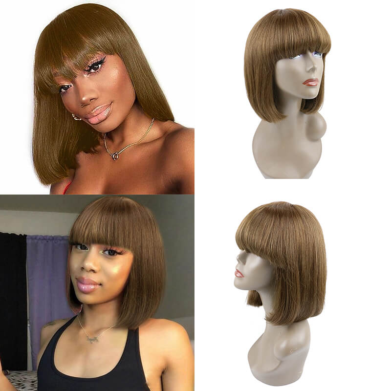 14A Short Straight P4 Bob With Bangs Wigs Brazilian Human Hair Bob Wigs Brown Hair No Lace Full Machine Made Supernova Hair ｜QT Hair