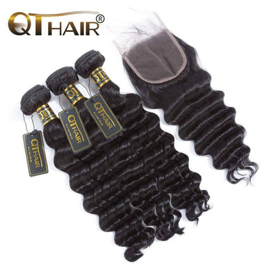 QT Malaysian Loose Deep Wave 3 Bundles With Lace Closure Deals - QT Hair