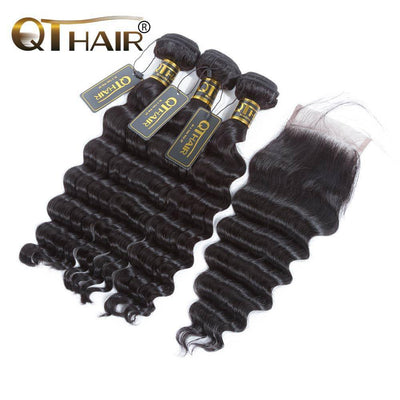 QT Hair Loose Deep Wave Bundles with Closure Indian Hair Bundles with Closure Remy 100% Human Hair Bundles with Closure - QT Hair