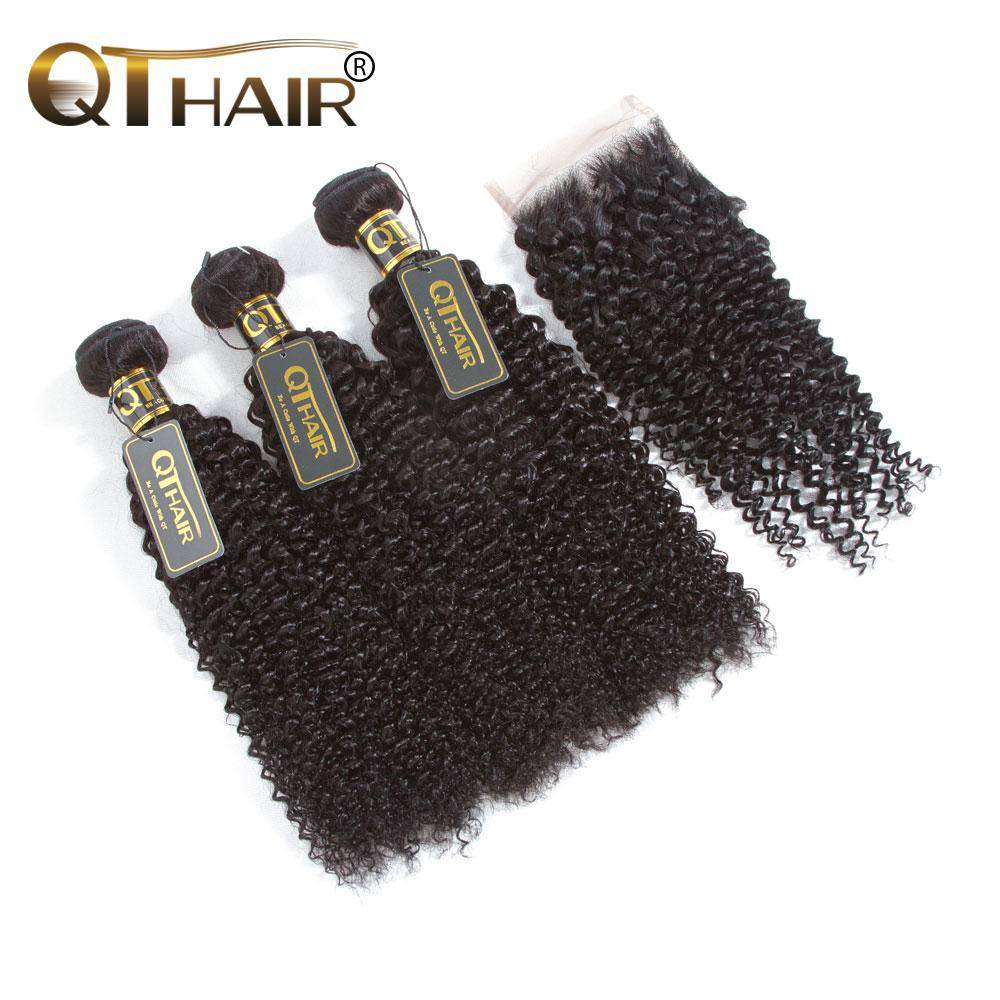 QT Malaysian Curly Human Hair Extensions 3 Bundles With Lace Closure - QT Hair