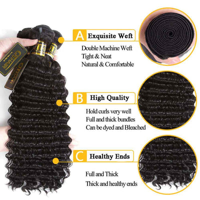 QT Indian Deep Wave 3 Bundles Hair Weave With Lace Closure - QT Hair