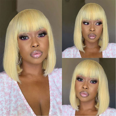 Blonde Bob Wig With Bangs Short Bob Wigs For Black Women Human Hair 100% Brazilian Virgin Hair Straight Hair Machine Made Bob Wig 613 Color Wigs ｜QT Hair