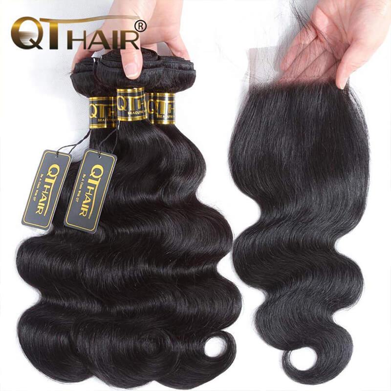 QTHAIR 12A Grade Brazilian Body Wave Human Hair Bundles With Frontal or Closure Unprocessed Brazilian Virgin Hair Bundles with Lace Frontal Closure - QTHAIR