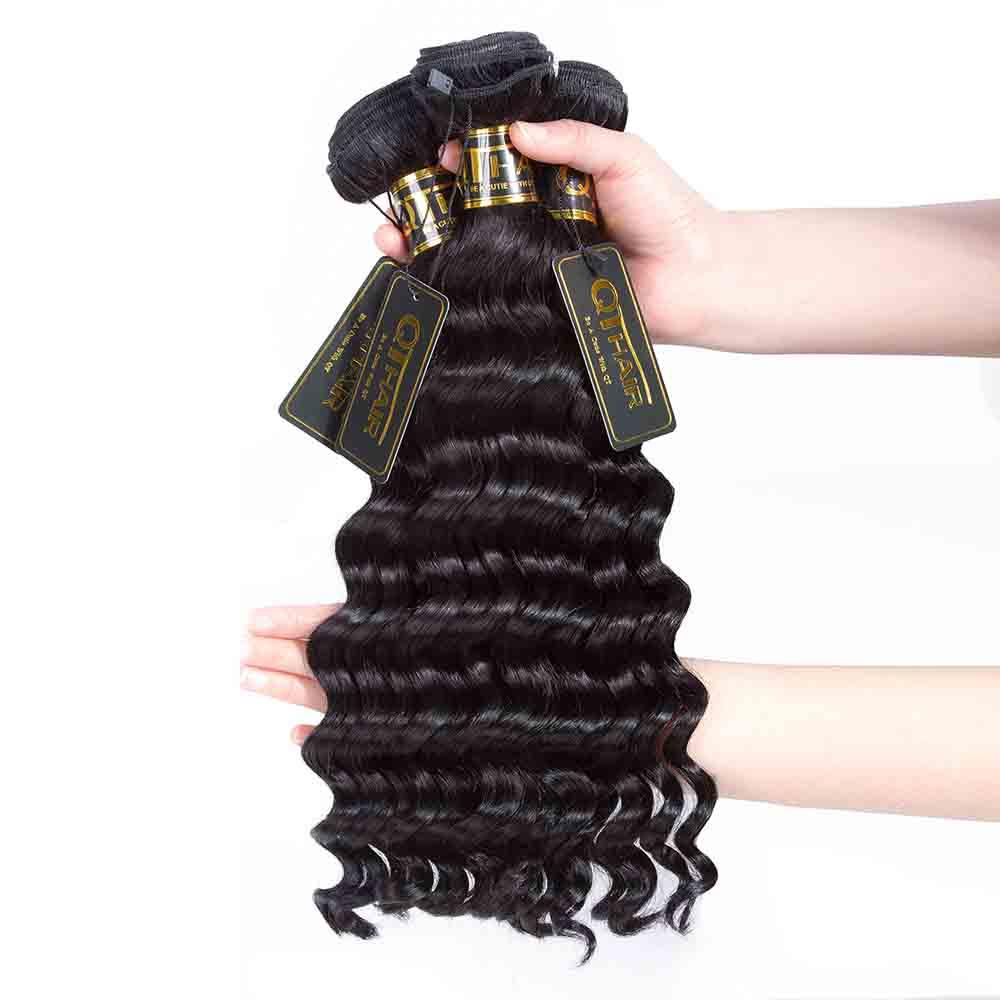 QTHAIR 12A Brazilian Loose Deep Wave Human Hair Bundles With Swiss Lace 100% Unprocessed Virgin Human Hair with Closure - QT Hair