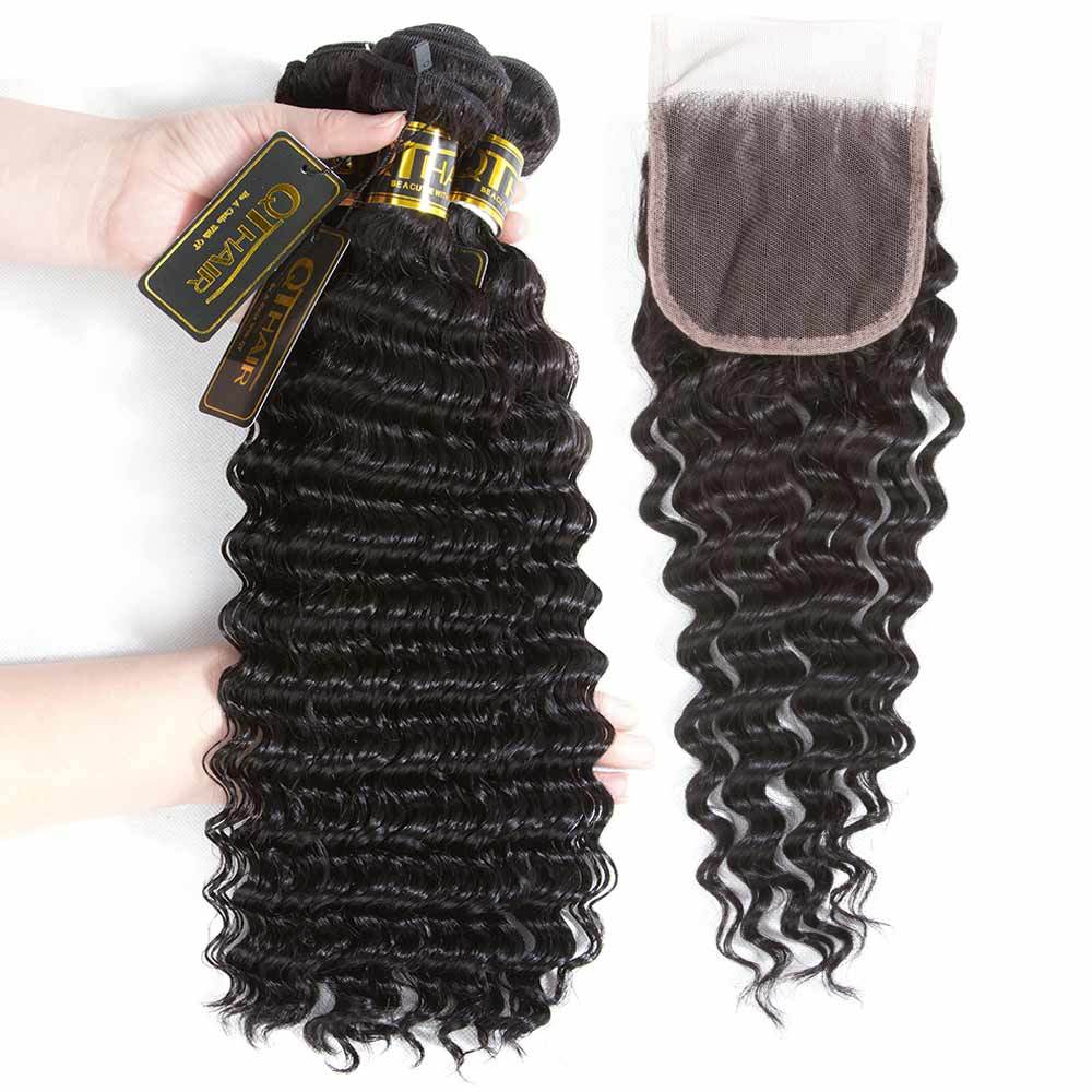 QT Hair Deep Wave Virgin Human Hair Bundles With Closure Brazilian Virgin Human Hair Wet and Wavy Natural Color Deep Wave 4x4 Swiss Free Part - QT Hair