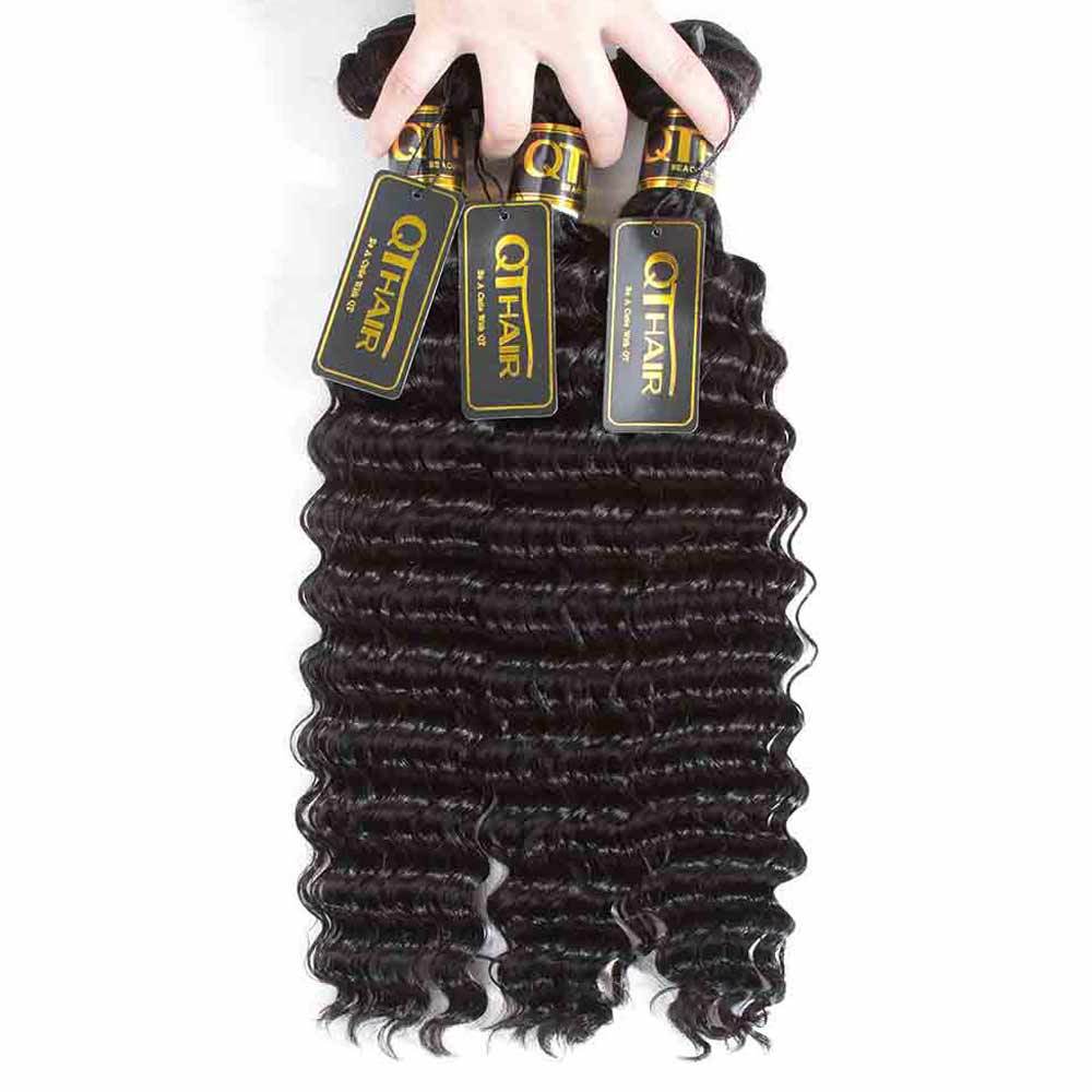 QT Hair Deep Wave Virgin Human Hair Bundles With Closure Brazilian Virgin Human Hair Wet and Wavy Natural Color Deep Wave 4x4 Swiss Free Part - QT Hair