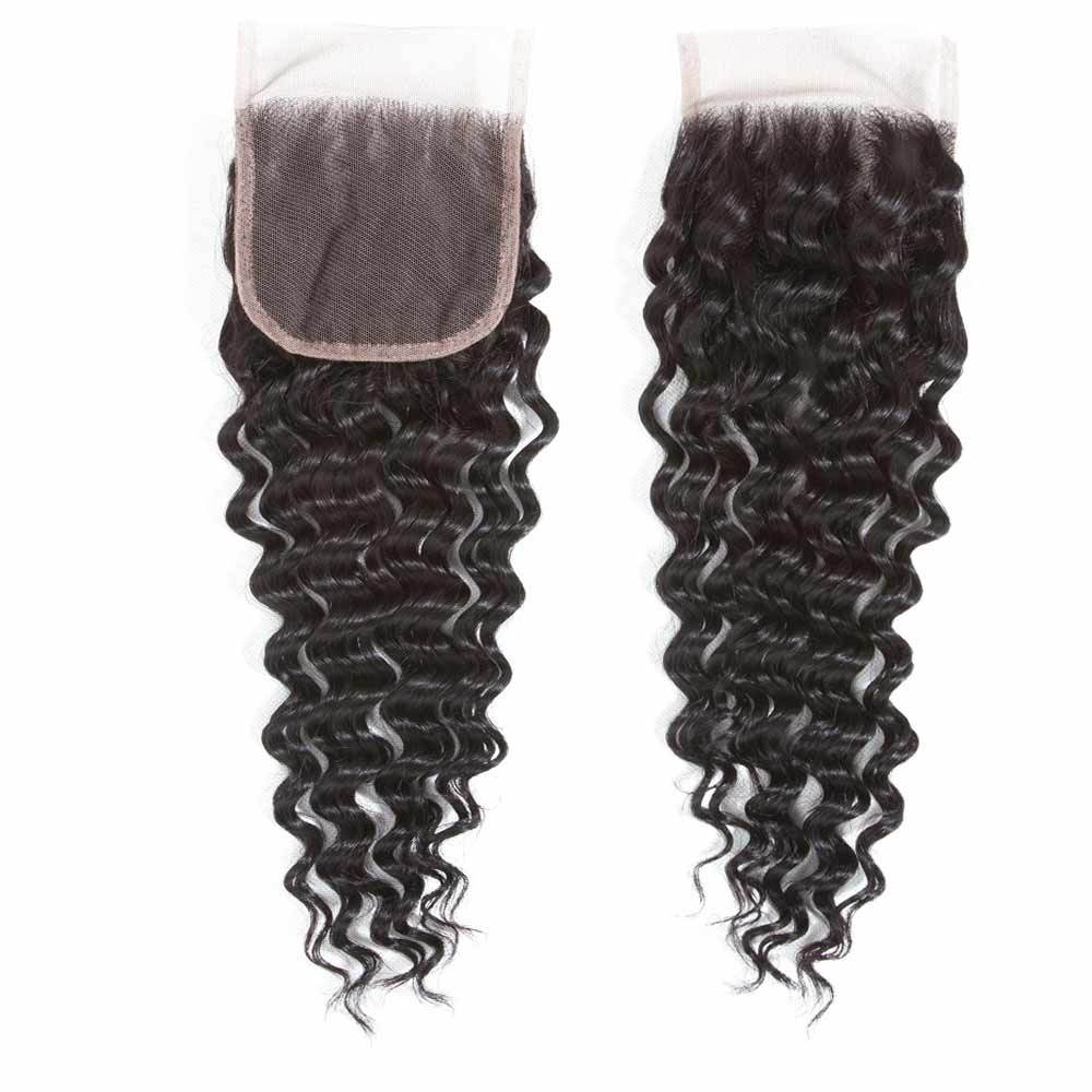 QT Hair Deep Wave Virgin Human Hair Bundles With Closure Brazilian Virgin Human Hair Wet and Wavy Natural Color Deep Wave 4x4 Swiss Free Part - QT Hair