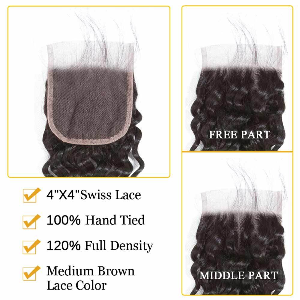 QT Hair Deep Wave Virgin Human Hair Bundles With Closure Brazilian Virgin Human Hair Wet and Wavy Natural Color Deep Wave 4x4 Swiss Free Part - QT Hair