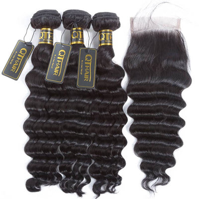 Loose Deep Wave Bundles with Closure Indian Hair Bundles with Closure Remy 100% Human Hair Bundles with Closure ｜QT Hair