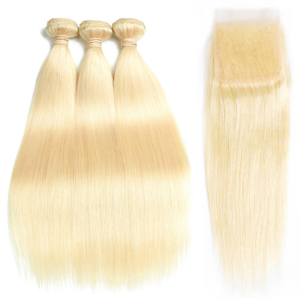 QTHAIR  613 Blond Straight Hair 3Bundles With Lace Closure Remy Human Hair - QT Hair