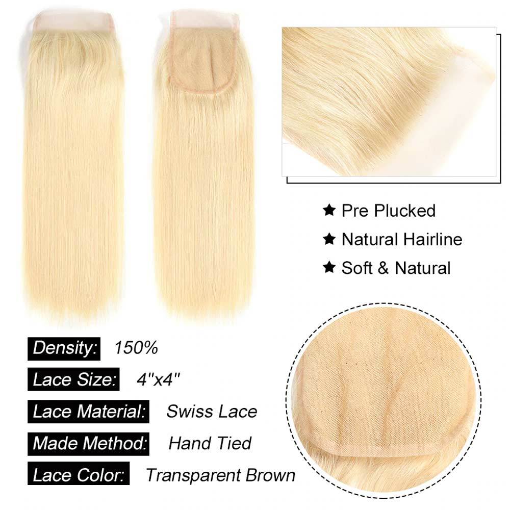 QTHAIR  613 Blond Straight Hair 3Bundles With Lace Closure Remy Human Hair - QT Hair