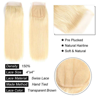 QTHAIR  613 Blond Straight Hair 3Bundles With Lace Closure Remy Human Hair - QT Hair