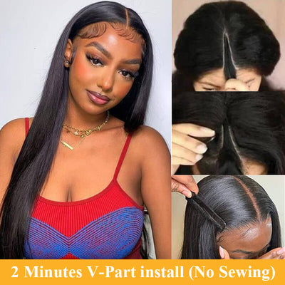 Straight V Part Wigs No Leave Out Natural Scalp Protective Wigs Beginner Friendly U Part Human Hair Wigs Brazilian Virgin Human Hair Wigs for Black Women ｜QT Hair