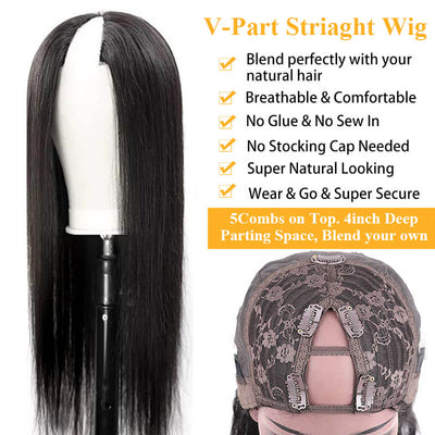 Straight V Part Wigs No Leave Out Natural Scalp Protective Wigs Beginner Friendly U Part Human Hair Wigs Brazilian Virgin Human Hair Wigs for Black Women ｜QT Hair