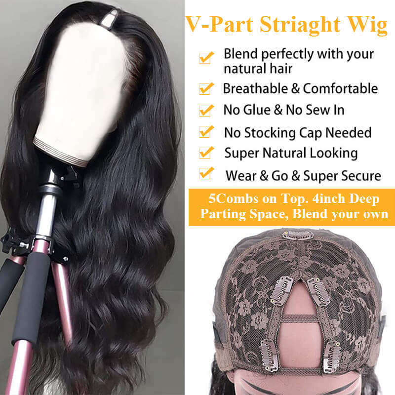 Body Wave V Part Wigs No Leave Out Natural Scalp Protective Wigs Beginner Friendly U Part Human Hair Wigs Brazilian Virgin Human Hair Wigs for Black Women ｜QT Hair
