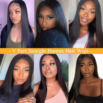 Straight V Part Wigs No Leave Out Natural Scalp Protective Wigs Beginner Friendly U Part Human Hair Wigs Brazilian Virgin Human Hair Wigs for Black Women ｜QT Hair