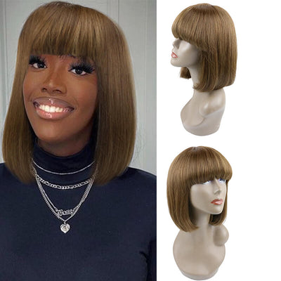 14A Short Straight P4 Bob With Bangs Wigs Brazilian Human Hair Bob Wigs Brown Hair No Lace Full Machine Made Supernova Hair ｜QT Hair